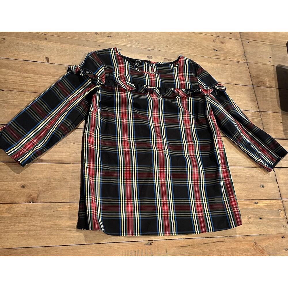 TALBOTS Petites Top Plaid Red Tartan Holiday Ruffle Poplin Small Holiday